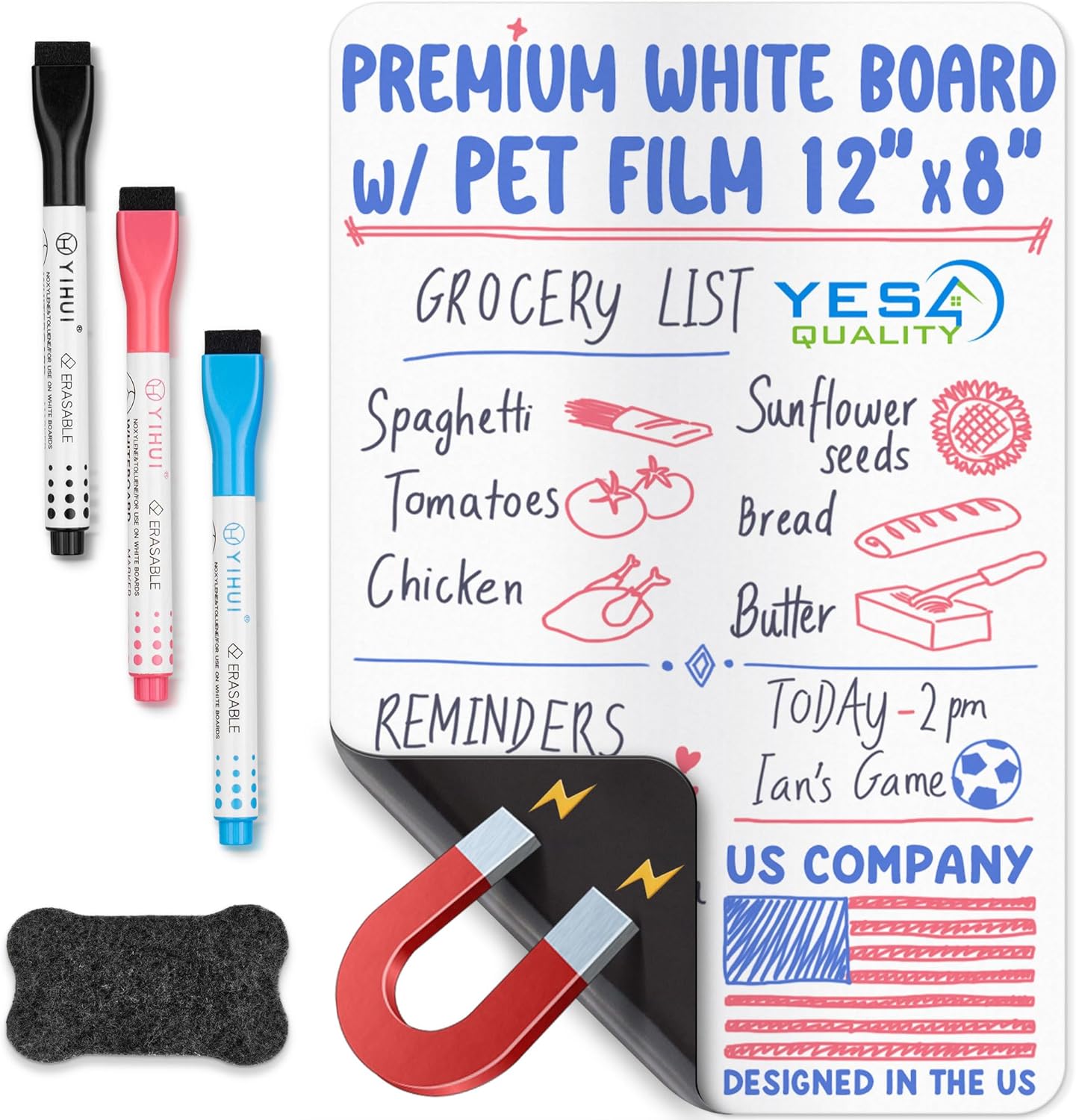 YES4QUALITY Magnetic Dry Erase Whiteboard Sheet - Stain Resistant 12x8 in | Includes 3 Markers & Big Eraser