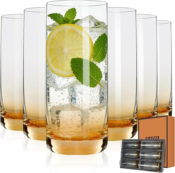 Amber Highball Glasses Set of 6,13oz Drinking Glass Cups for Mixed Drink Cocktail, Beer, Mojito, Water and Juice,Thick Tall Crystal Glassware for Kitchen, Restaurant, Home Bar and Parties