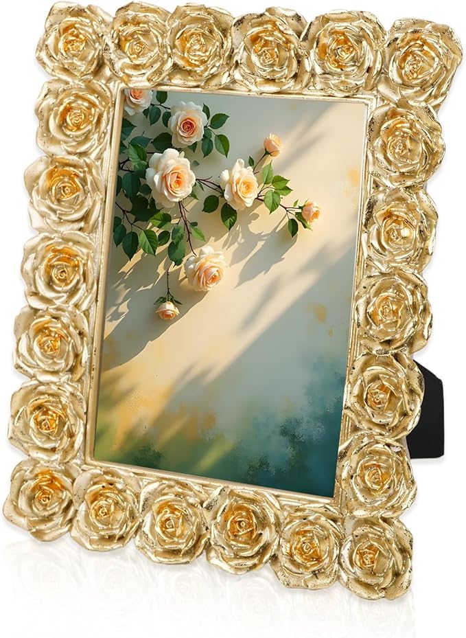 Gold Picture Frames, Rose Ornate 5x7 Photo Frame, Vintage Carved Floral Textured Hand-Crafted Picture Frame with Glass Front, Resin Photo Frames Tabletop or Wall Hanging, Pictures Display Frame for Home Decor