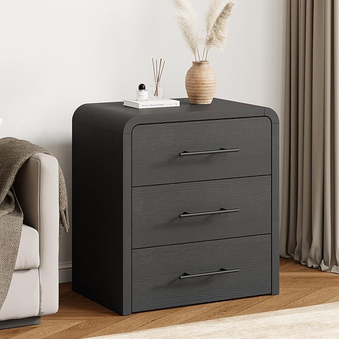Curved 3-Drawer Nightstand Dresser Set of 2, 23.6'' Wide Modern Wood Bedside Tables with Long Metal Handles, Large Storage End Tables for Bedroom, Office, Black