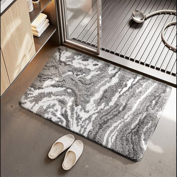 Ankah Luxurious Nordic Bathroom Rug, Extra Soft Fluffy Bath Mat, Absorbent, Non-Slip, Easy to Care and Fast Drying, Modern Style Marble Pattern Shower Rug, Home Decor Accessories, 17.3"x29.9", Gray