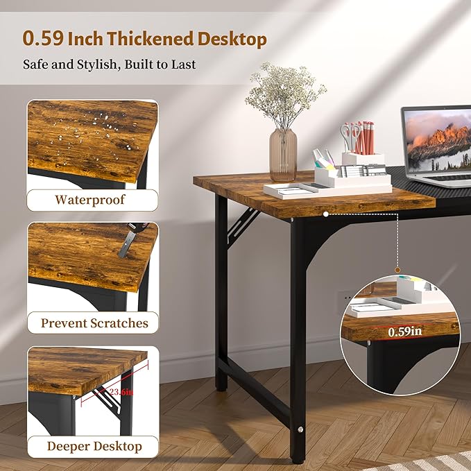 47inch Computer Desk with Deeper Carbon Fiber Desktop, Gaming Office Desk with Sturdy Metal Frame,Home Office Desk for Gaming, Working, Studying, Rustic Brown