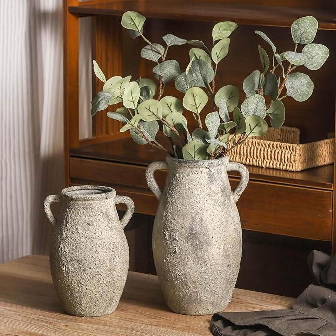 Ceramic Rustic Vase with Handle,11.3 inch Vintage Vase for Home Decor - Tall Farmhouse Flower Vase with 2 Handles, Living Room Entryway Table Centerpiece Decor