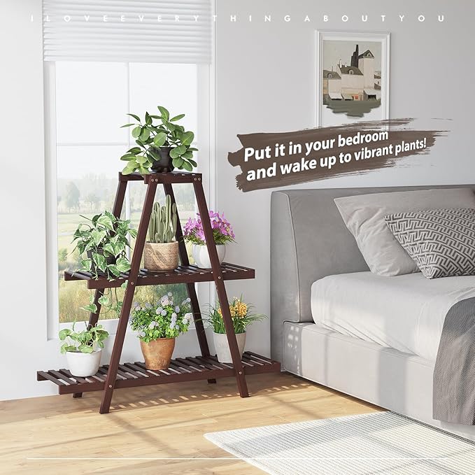 STDDRE Plant Stand For Indoor Outdoor Tiered Plant Shelf 3 Tier 8 Potted Bamboo Flower Holder Ladder Rack For Multiple Triangle Table Plant Pot Stand (Brown)