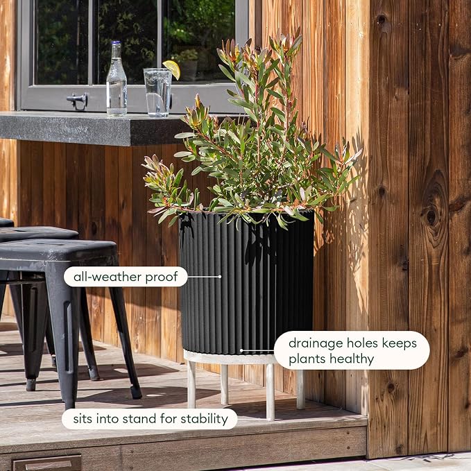Veradek Demi Series Round Planter w/Stand for Porch/Patio | Durable Plastic-Stone Composite & Wooden Stand | Modern Décor for Tall Plants, Flowers