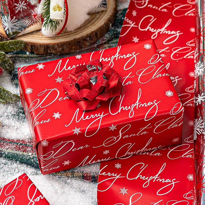 MAYPLUSS Christmas Wrapping Paper Roll - 17IN X 33FT - Christmas Gift Wrapping Paper Featuring Red and White Snowflake Against Silver Reversible Merry for Kids, Holiday, New Year
