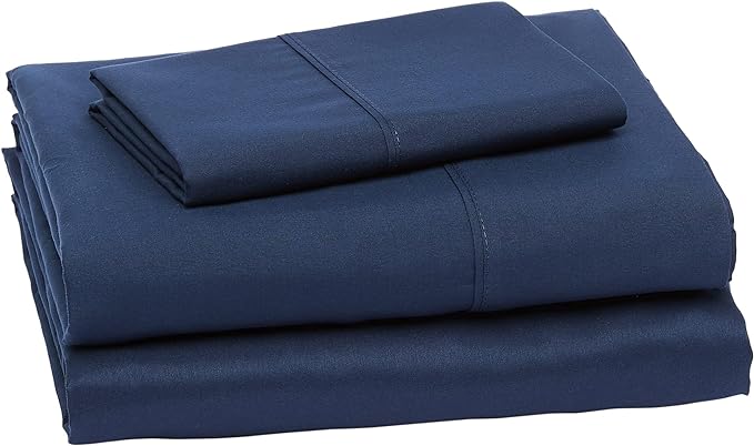 Amazon Basics Lightweight Super Soft Easy Care Wrinkle Free Microfiber 3 Piece Bed Sheet Set with 14-Inch Deep Pockets, Twin, Navy Blue, Solid, Kids, Men & Women Bedding (Pack of 4)