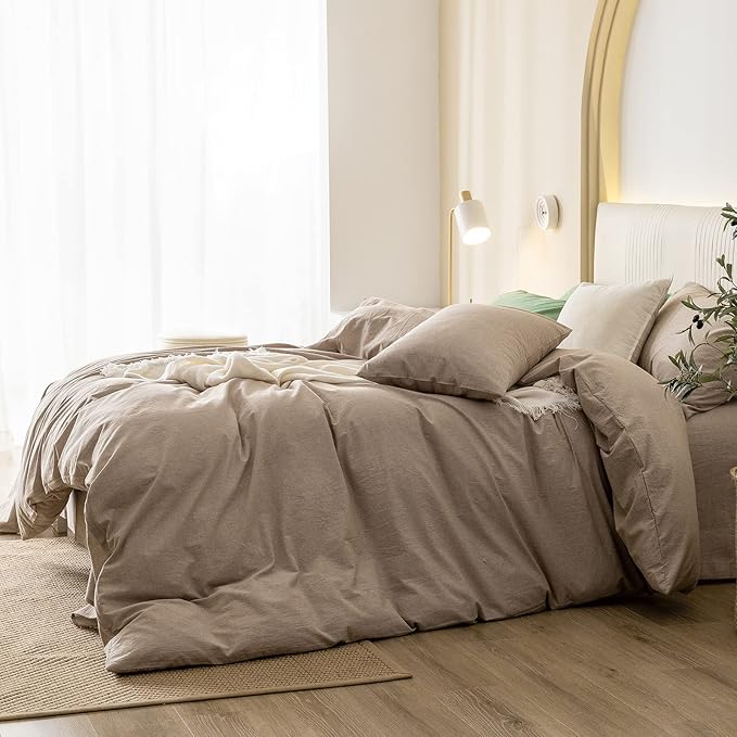 JIYUAN 100% Washed Cotton Duvet Cover Set Comfy Simple Style Soft Breathable Textured Durable Linen Feel Bedding for All Seasons Queen, Taupey
