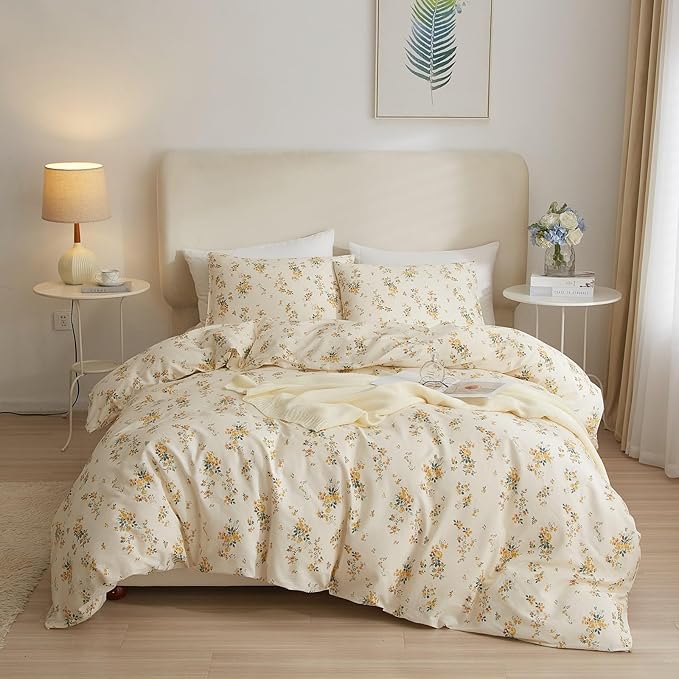 Yellow Floral Comforter Set Full Size Garden Style Flower Botanical Comforter Set Fluffy Soft Vintage Floral Bedding Set Full Chic Cottagecore Flowers Comforter with 2 Pillowcases for All Seasons