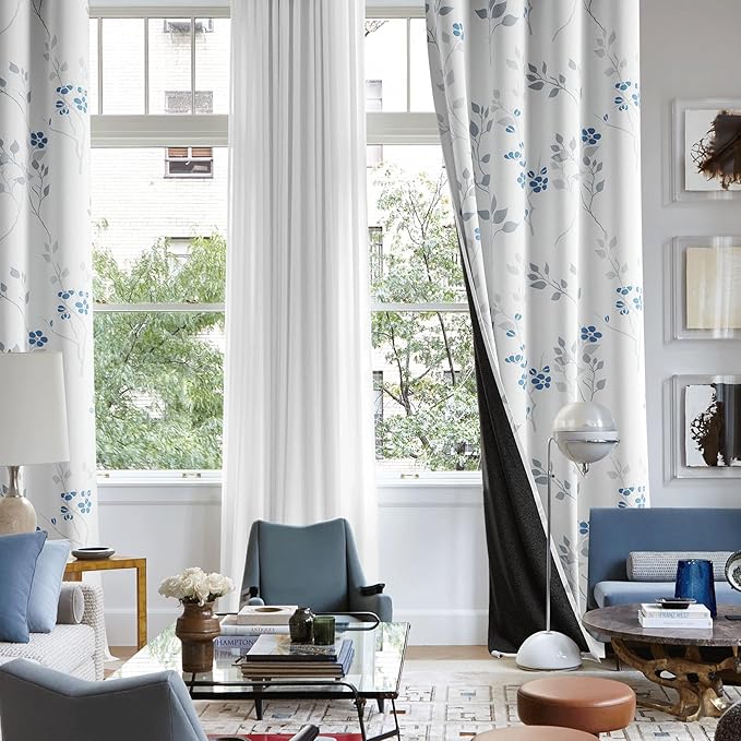 Beauoop Floral 100% Blackout Curtains 63 Inch Length 2 Panels for Bedroom Living Room Blue Grey and White Flower Patterned Room Darkening Thermal Soundproof Grommet Window Treatments Drapes, 52X63