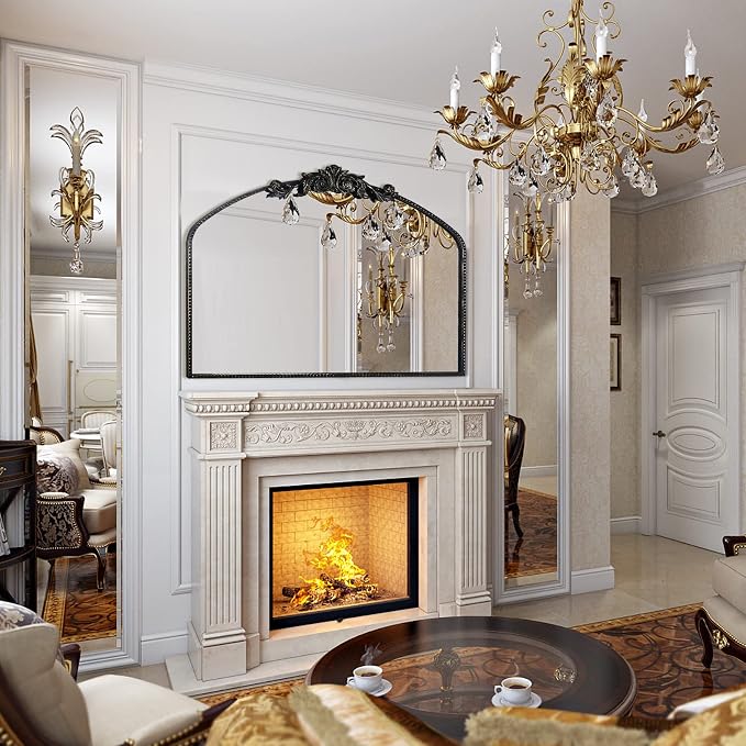 Black Arched Mirror 40"X31", Vintage Antique Baroque Mantel Mirror with Black Brush Gold Metal Frame, Ornate Wall Decor for Entryway/Fireplace/Living Room/Hallway/Bathroom/Bedroom