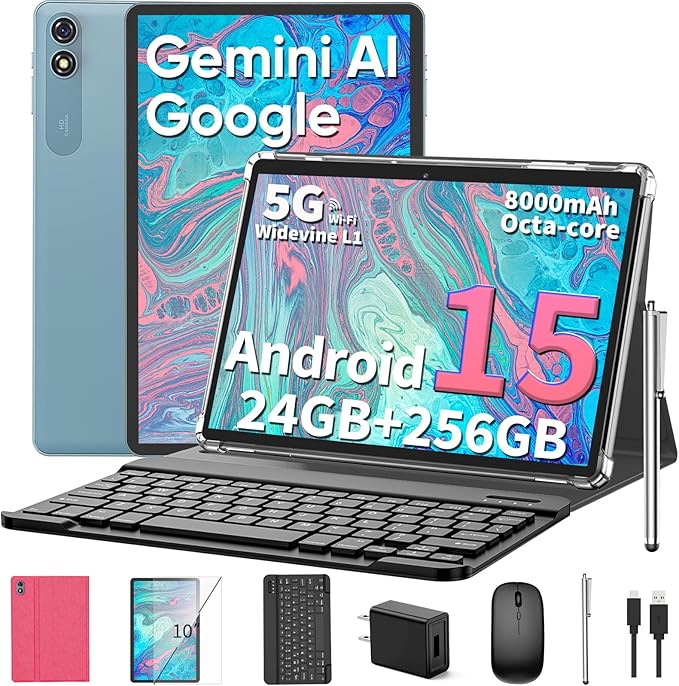 2026 10 Inch Tablet, Android 15 Tablet with Keyboard, 24GB+256GB+2TB Expand, 2-in-1 Tablets with 8-Core, 5G WiFi, 8000mAh, BT5.0, GMS, GPS, Gemini AI, Tablets PC with Mouse, Case, Stylus (Pink)