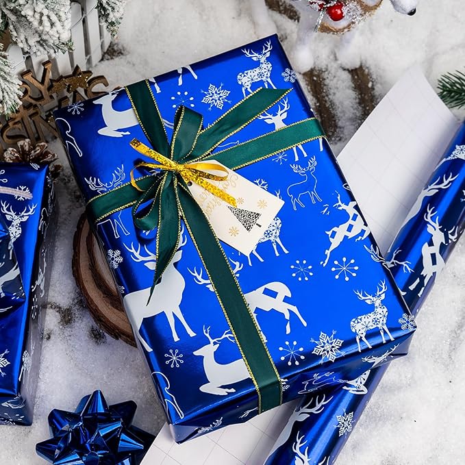 MAYPLUSS Christmas Wrapping Paper Roll - Mini Roll - 17.3 Inch X 32.8 Feet - Christmas Blue Elk Design (47.3 sq.ft.ttl)