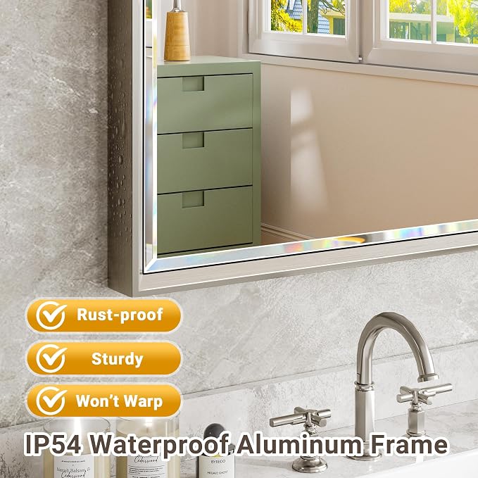 48'' x 36'' Brushed Nickel Framed Beveled Bathroom Mirror, Shatterproof Rectangle Brushed Nickel Frame Mirror, Anti-Rust Vertical/Horizontal Wall-Mounted Mirrors