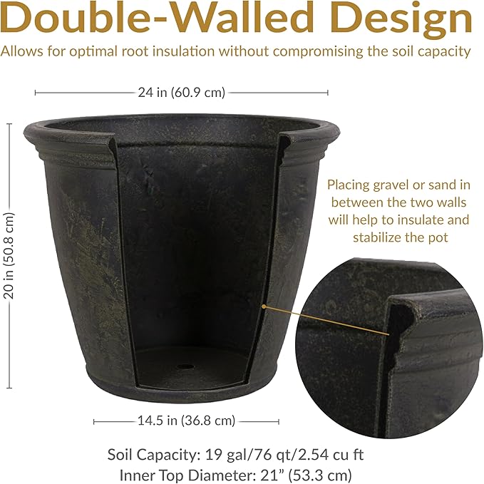 Sunnydaze 24-Inch Anjelica Large Plastic Pot for Plants - Double-Walled Outdoor Polyresin Round Planter Porch Pot with Drillable Drainage Holes - Sable
