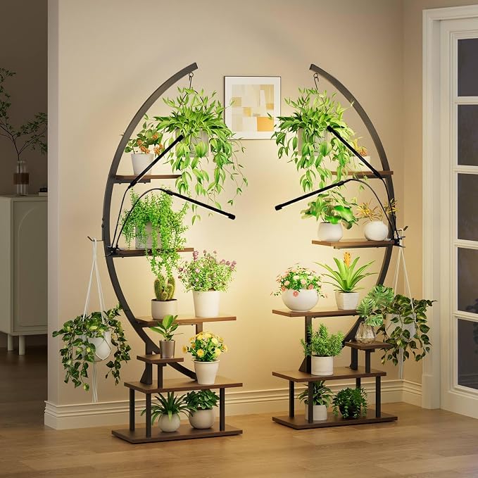 GREENSTELL Plant Stand Indoor with Grow Light, 7-Tiered Tall Metal Plant Stand for Indoor Plants, Half-Moon Shape Display Shelf for Home,Living Room, Patio, Dark Brown (1 Pack)