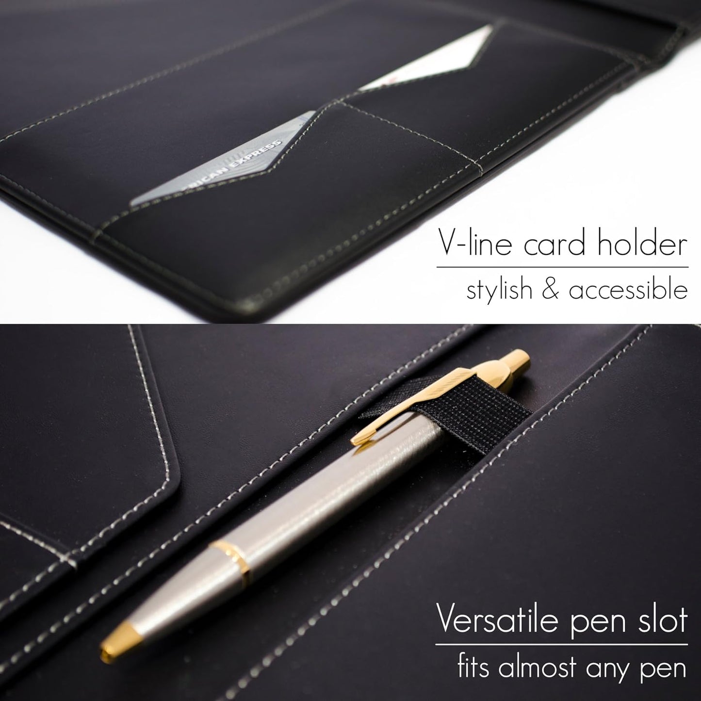 Skiennix Padfolio Organizer - Elegant Faux Leather Interview Resume Folder | Letter-Sized Notepad & Business Card Holder | Piano Noir Finish