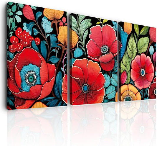Abstract Colorful Floral Canvas Pictures Boho Wall Art Watercolor Flower Palnt Posters Bathroom Wall Decor Plant Flowers Paintings Framed rtwork for Bedroom Living Room Home Decoration 12x16 3 pcs