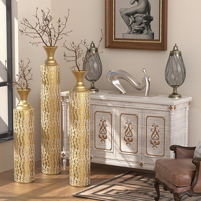 Metal Floor Vases Decorative, Set of 3 Flower Arrangement Stand, Metal Decorative Vase Tall Distressed Metallic Centerpiece Vases with Growing Vine Patterns, 34", 29", 25" H (Antique Gold1)