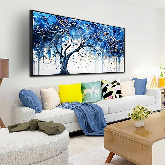Tree Theme Pictures for Wall Decor - Blue Living Room Wall Art - Large Black Framed Wall Art Size 29" x 59"