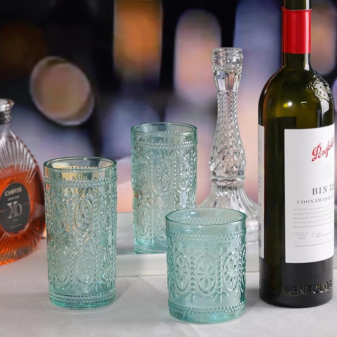 Darlion 6 Pack Green Vintage Glassware Set, 10oz Textured Embossed Drinking Glasses, Colored Water Glasses, Green Glass Cups for Juice, Cocktails, Beer, Iced Tea, Soda