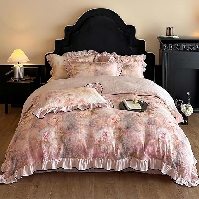 HighBuy Rose Floral Linen Duvet Cover Full Size,Boho Chic Floral Bedding with Ruffle Design, Breathable & Durable Bedding,Farmhouse Cooling Comforter Cover Sets 1 Duvet Cover and 2 Pillowcases