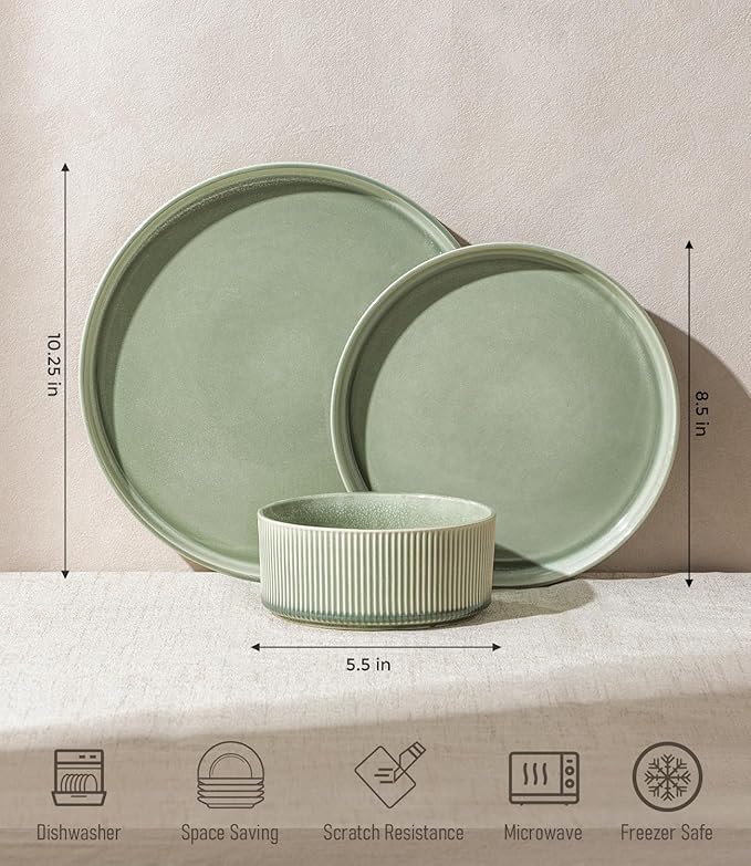 GBHOME 12-Piece Stoneware Dinnerware Set for 4 – Ribbed Ceramic Plates and Bowls, Scratch-Resistant, Microwave & Dishwasher Safe, Reactive Glaze, Light Green