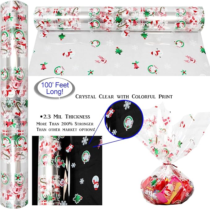 AnapoliZ Christmas Cellophane Wrap Roll | 100’ Ft. Long X 16” in. Wide | 2.3 Mil Thick, Crystal Clear with Christmas Designs| Gifts, Baskets, Treats, Cello Wrapping Paper | Santa, Snowman Cello Roll