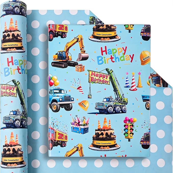 Altarho Reversible Construction Wrapping Paper Roll for Kids Boys - Blue Happy Birthday and Polka Dot Design Gift Wrap Sheets Supply for Baby Shower Party Decoration Total 28.5sq.ft