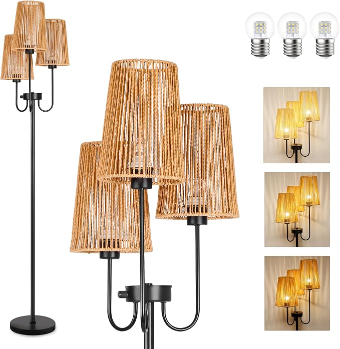 3 Lights Boho Floor Lamp for Living Room, Farmhouse Standing Lamp with Rattan Shades and Bulbs, Adjustable Color Temperature, 65" Rustic Tree Tall Lamps for Bedroom,Office, ON/Off Foot Switch