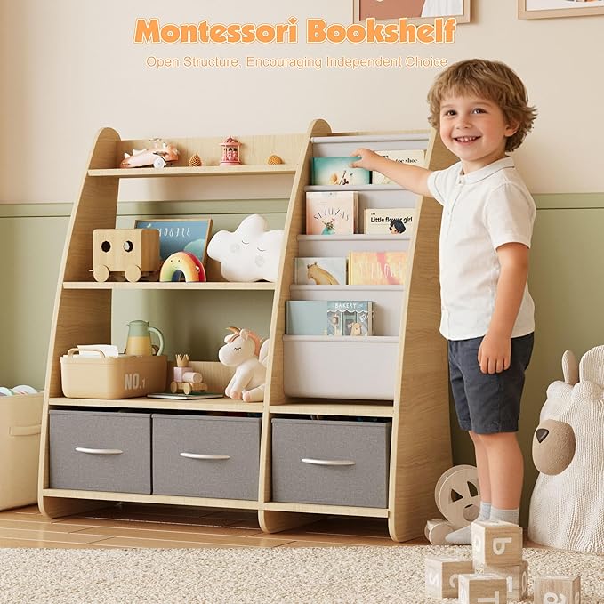 NACHES Kids Bookshelf and Toy Storage Organizer, Montessori Nursery Book Shelves with Sling Rack & Fabric Toy Bins, Toddler Baby Bookcase, Wooden Toy Shelf for Kids Room, Playroom, Sail-Burlywood