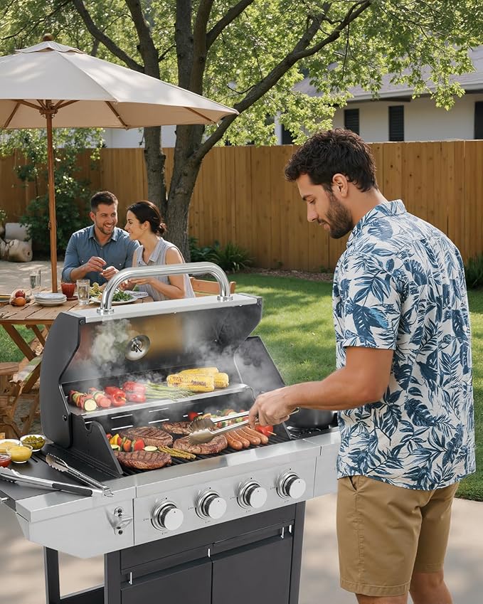 EUHOME 4-Burner Propane Gas BBQ Grill with Side Burner, 46,500 BTU Output Stainless Steel Barbecue Grill with Enameled Cast Iron Grates and Side Tables for Outdoor Cooking Kitchen and Patio Backyard