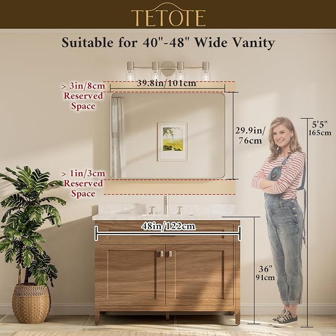 TETOTE 40 x 30 Inch Gold Bathroom Mirror, Brushed Brass Metal Frame Mirror for Vanity, Rectangle Wall Mounted Golden Modern Mirror (Horizontal/Vertical)