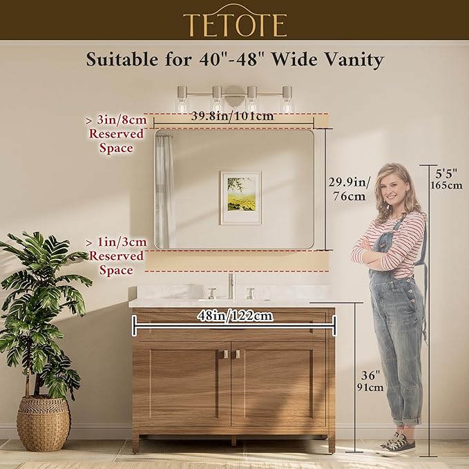 TETOTE 40 x 30 Inch Black Frame Mirror, Bathroom Vanity Mirror for Wall, Modern Rectangle Round Corner Matte Framed Mirror (Horizontal/Vertical)