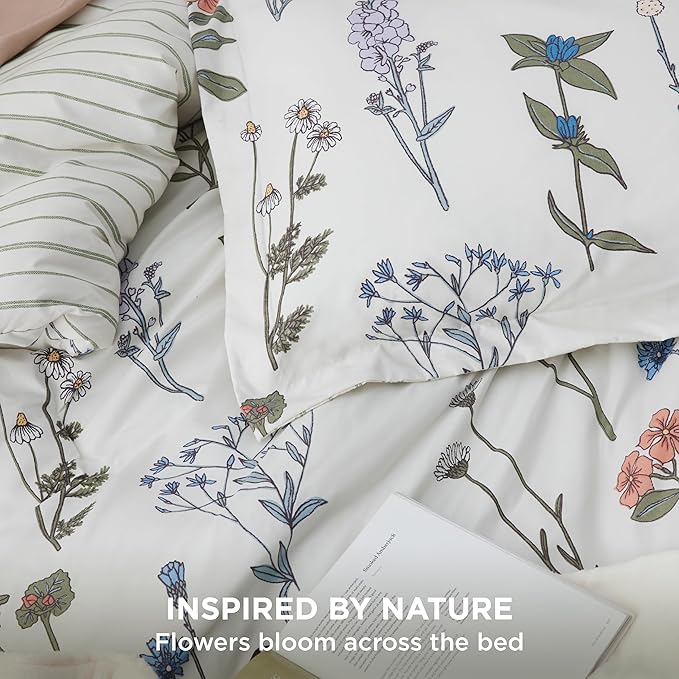 Bedsure Twin/Twin XL Comforter Set - Twin Extra Long Comforter Set, Cute Floral Dorm Bedding, 2 Pieces, 1 Soft Reversible Coconut White Botanical Flowers Comforter and 1 Pillow Sham