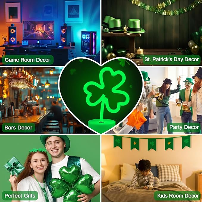 BRIGHTDECK 2 Pack Clover Neon Signs, LED Lights Battery Operated or USB Powered Decoration Lamp, Neon Lights Decor for St. Patrick's Day Gifts, Wedding, Party, Room Decor(Clover)