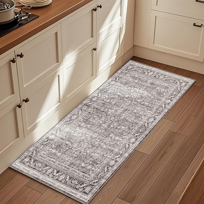 OPPODREAM Vintage Grey 2x6 Runner Rug, 2 x 6 Retro Washable Rug Non Slip, Low-Pile Faux Wool Carpet, Distressed Gray Floor Mat for Kitchen, Hallway, Entry-Way, Entrance, Indoor Back Door