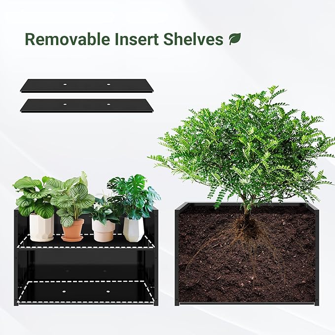 Metal Planter Box 36” x 12” x 24”, Heavy Duty Tall Rectangle Planter Box with Removable Insert Shelves for Porch, Garden, Patio, Yard