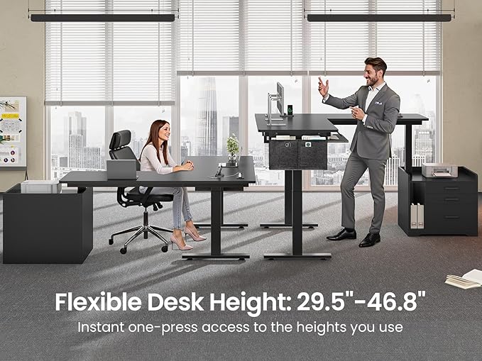 SEDETA L Shaped Electric Standing Desk with File Cabinet, 63 x 53'' Height Adjustable Home Office Computer Desk with Drawers, Power Outlet, Stand up Gaming Table with Led Lights, Keyboard Tray, Black