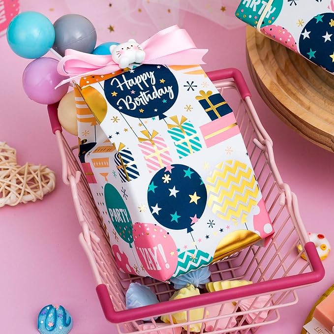 Homeral Birthday Wrapping Paper Roll - Cute Colorful Balloon with Gold Foil Metallic Shine Gift Wrap Paper for Birthday, Baby Shower, Party - Mini Roll - 17 Inch x 33 Feet