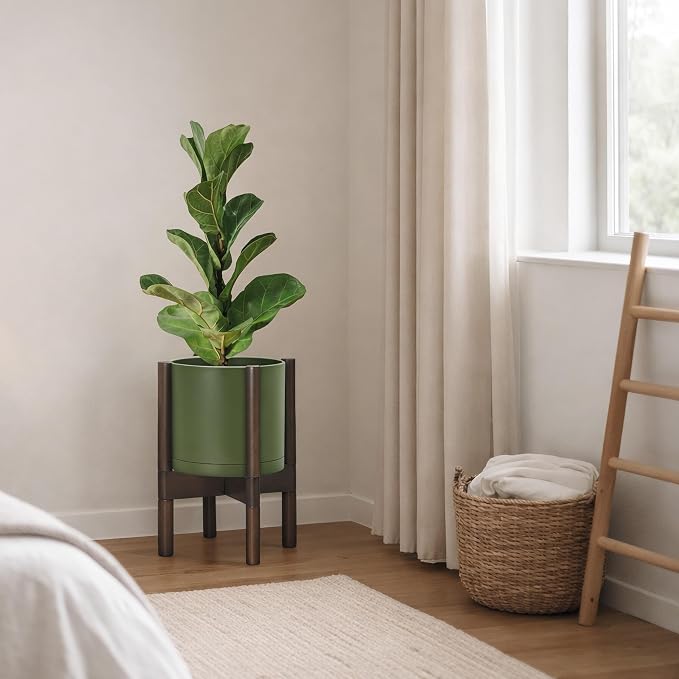 D'vine Dev Planter Pot with Stand - 8 Inch Plastic Cylinder Flower Pot with Wood Planter Holder for Indoor, Olive Pot + Walnut Color Stand, 55-C-I-3