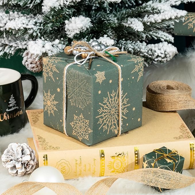 LeZakaa Christmas Kraft Wrapping Paper Roll, Brown Gift Wrap with Green & White Holiday Designs, Trees, Ornaments & Snowflakes Pattern for Christmas Presents, Arts Crafts, 17 x 120 inches, 3 Rolls