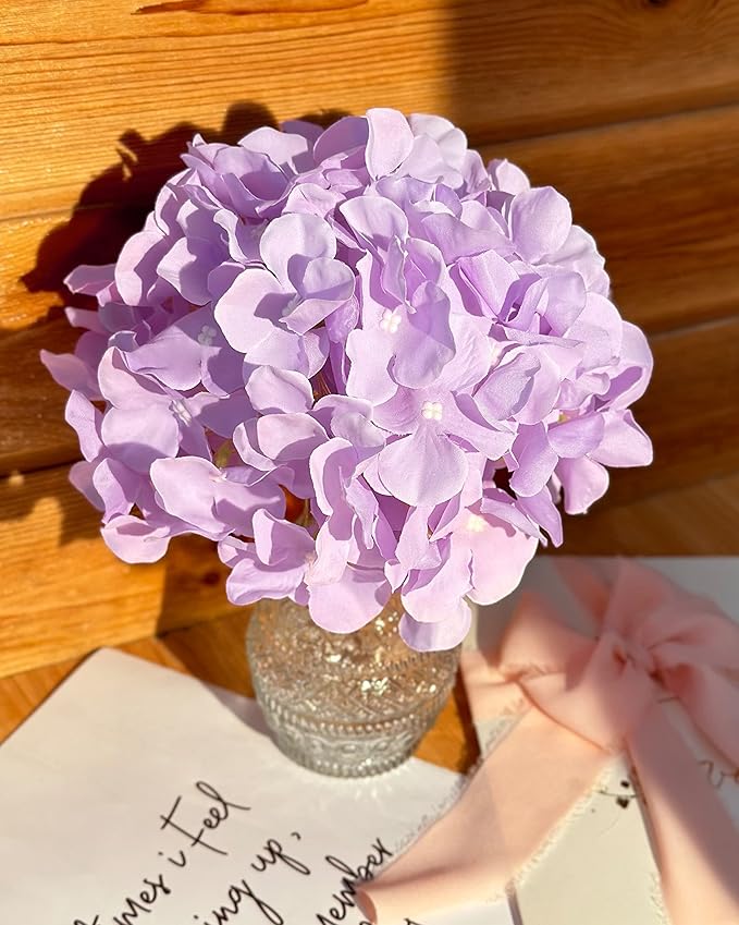 DuHouse 8.7" Silk Hydrangea Flower Heads with Stems Fake Hydrangeas Flowers for DIY Wedding Centerpiece Home Decor,Pack of 6(Lilac)
