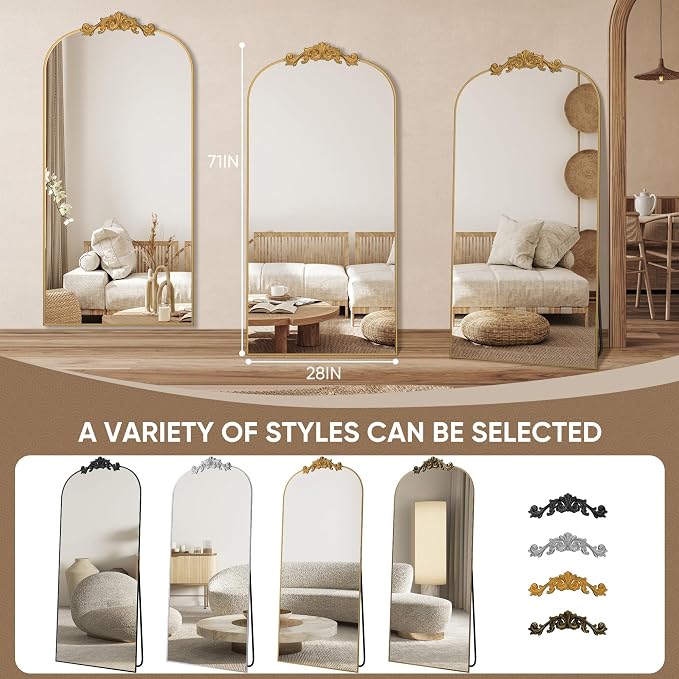 Antok Arched Full Length Mirror, 71"x28" Floor Mirror with Carved, Full Body Mirrors for HomeDecor, Standing/Halling Large Wall Mirror for Bedroom, Living Room, Cloakroom, Gold, Retro Style
