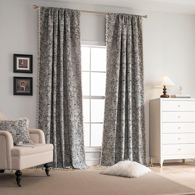 ENJOYBRIDAL Rabbit Curtains 84 Inch Length 2 Panels Boho Floor Length Drapes Jacquard Rod Pocket Dining Room Semi Sheer Window Curtains Retro Tassel Bedroom Living Room Farmhouse Window Treatments