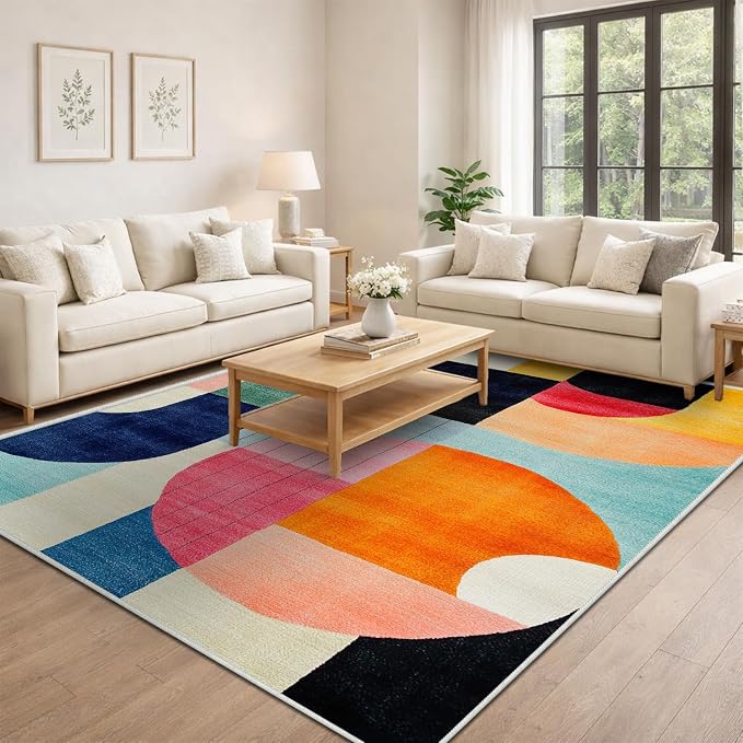 9x12 Colorful Area Rug Modern Abstract Orange Yellow Pink Blue White Beige Black Bedroom Rug Low Pile Thin Large Carpet Living Room Non Slip Dining Room Stain Resistant Office Washable Machine