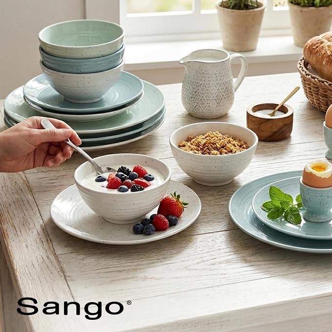 Sango Siterra Artist's Blend 16-Piece Stoneware Dinnerware Set for 4, Green, Cream & White Glossy Dishes with Speckles, Ceramic Plates and Bowls Sets for Everyday Dining, Microwave & Dishwasher Safe