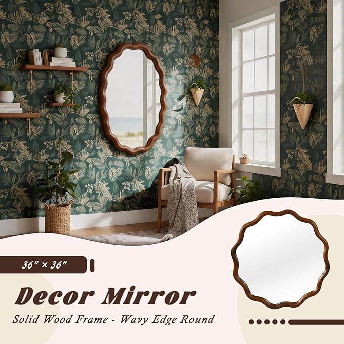 Elountik 36 Inch Wavy Round Solid Wood Frame Mirror with Black Walnut Finish, Decorative Wall Mirror for Living Room, Bathroom, Bedroom or Entryway