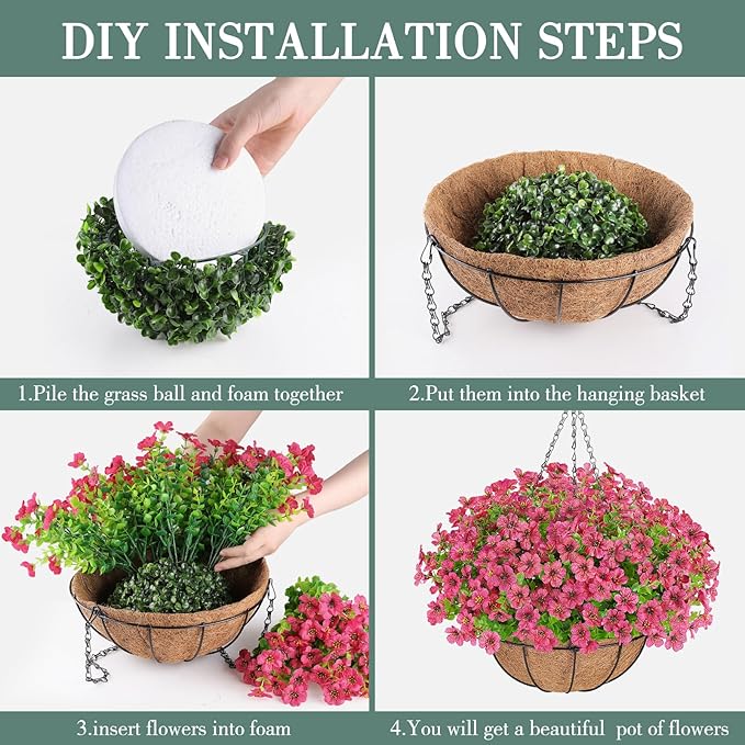 Artificial Flowers Hanging Plants in Basket,Artificial Hanging Flowers for Outdoor Indoor Decor,UV Resistant Hanging Baskets with Fake Flowers for Patio Garden Porch Deck Decoration