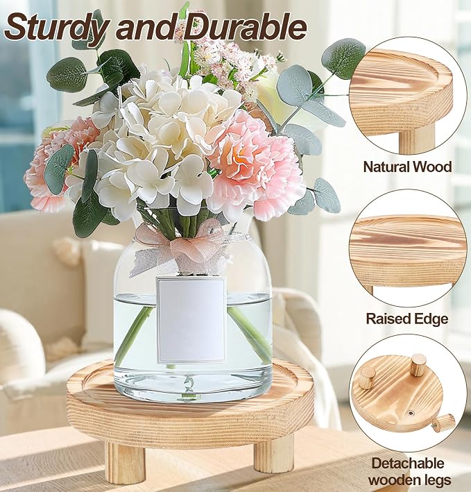 3 Pcs Wood Plant Stand Indoor Outdoor, Wooden Stool Display Stand 5/6/8" Round Riser Flower Pot Holder with Raised Edge Small Planter Tray Modern Potter Decorative for Garden Desktop Home Table Counter Room (Natural)
